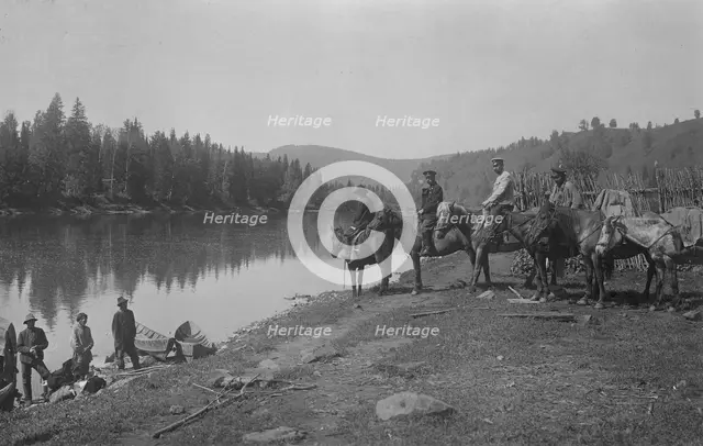 The Land-Management Expedition Boats and Horses on the Mrassu River Shore, Near the Ulus..., 1913. Creator: GI Ivanov.