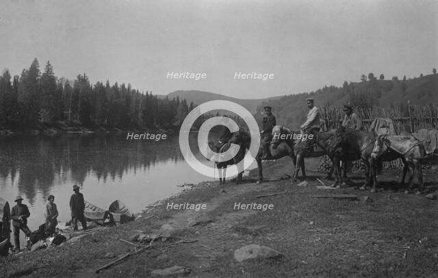 The Land-Management Expedition Boats and Horses on the Mrassu River Shore, Near the Ulus..., 1913. Creator: GI Ivanov.