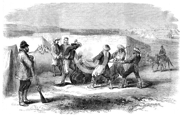 The Land Transport Camp before Sebastopol - Shoeing a Refractory Mule - sketched by J. A. Crowe, 185 Creator: Unknown.