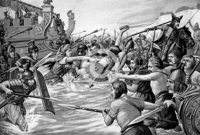 The landing of Julius Caesar in Britain, 55 BC, (c1920s).Artist: Richard Caton Woodville II