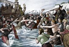 The landing of Julius Caesar in Britain, 55 BC, (c1920s). Artist: Richard Caton Woodville II