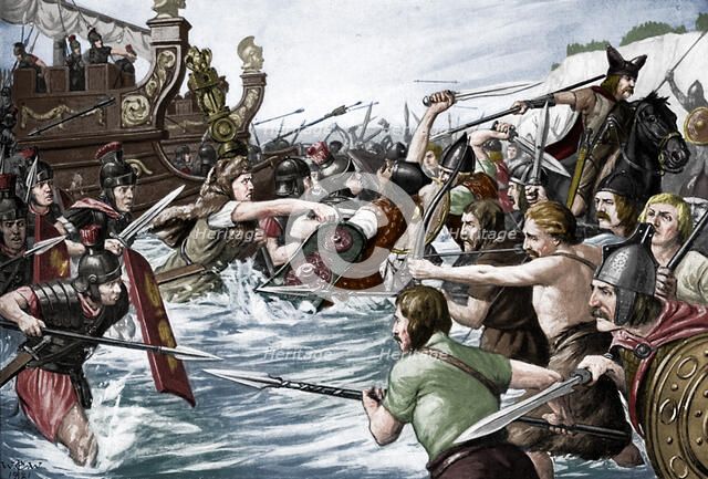 The landing of Julius Caesar in Britain, 55 BC, (c1920s). Artist: Richard Caton Woodville II.