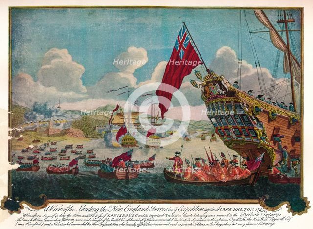 The landing of troops from New England on the island of Cape Breton to attack Louisbourg, 1747. Artist: James L. Brooks.