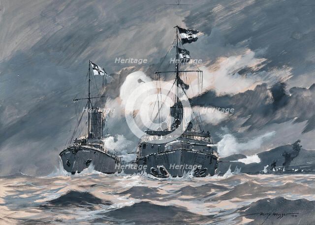 The last days of the cruiser Kaiserin Elisabeth in the fight against Japanese superiority..., 1914. Creator: Heusser, Heinrich (Harry) (1886-1943).