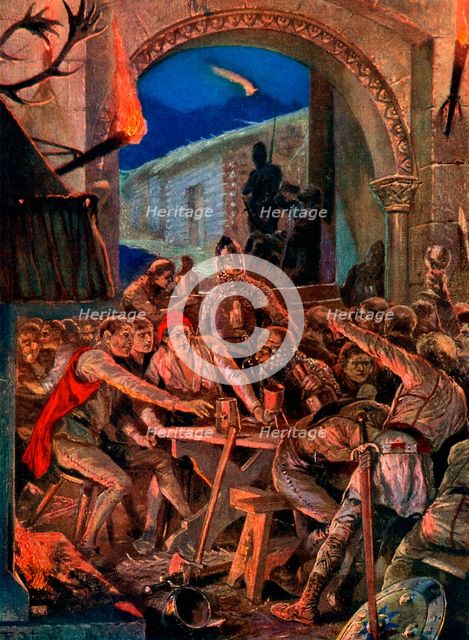 The last feast of Robert De Comines' men at Durham, 1069, (c1920).Artist: Richard Caton Woodville II