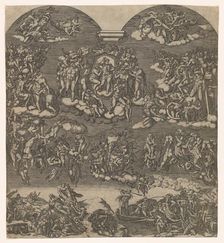 The Last Judgment, Christ at top center surrounded by many figures, below figures..., ca. 1550-1600. Creator: Anon