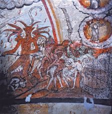 The Last Judgement 1599, detail of Lucifer dragging the souls of the damned to hell, mural pa…