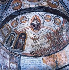 The Last Judgement 1599. The figure of archangel St. Michael weighing souls, mural painting o…