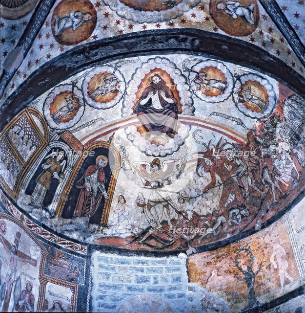  'The Last Judgement', 1599. The figure of archangel St. Michael weighing souls, mural painting o…