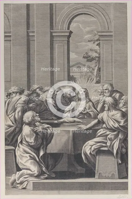 The Last Supper, the interior of a classical building with Christ and his apostles seat..., 1660-81. Creator: François Spierre.