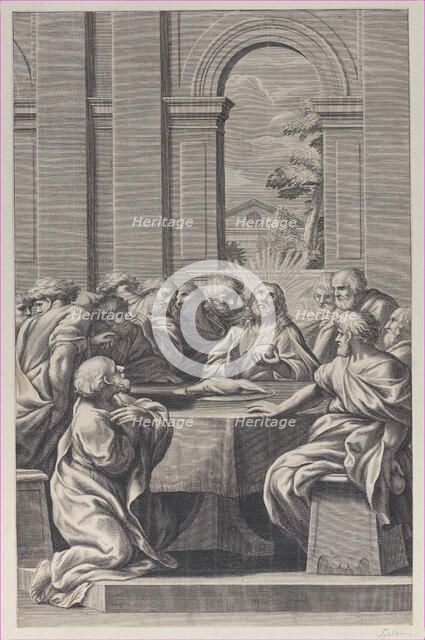 The Last Supper, the interior of a classical building with Christ and his apostles seat..., 1660-81. Creator: François Spierre.