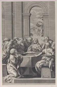 The Last Supper, the interior of a classical building with Christ and his apostles seat..., 1660-81. Creator: François Spierre