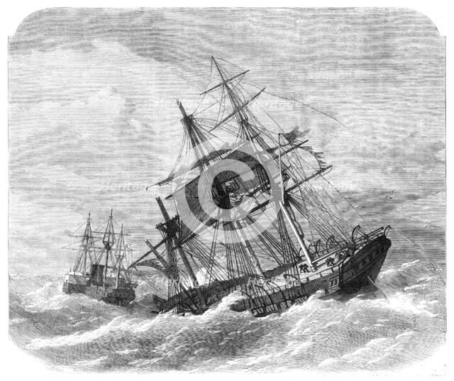 The late collision off The Lizard: H.M.S. Terrible towing The Calcutta into Plymouth, 1869. Creator: Unknown.