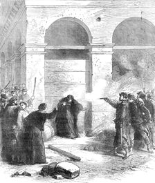 The Late Events in Paris: a woman shot at the Louvre for spreading petroleum, 1871. Creator: Unknown