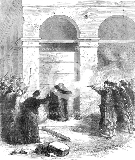 The Late Events in Paris: a woman shot at the Louvre for spreading petroleum, 1871. Creator: Unknown.