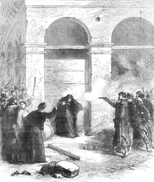 The Late Events in Paris: a woman shot at the Louvre for spreading petroleum, 1871. Creator: Unknown