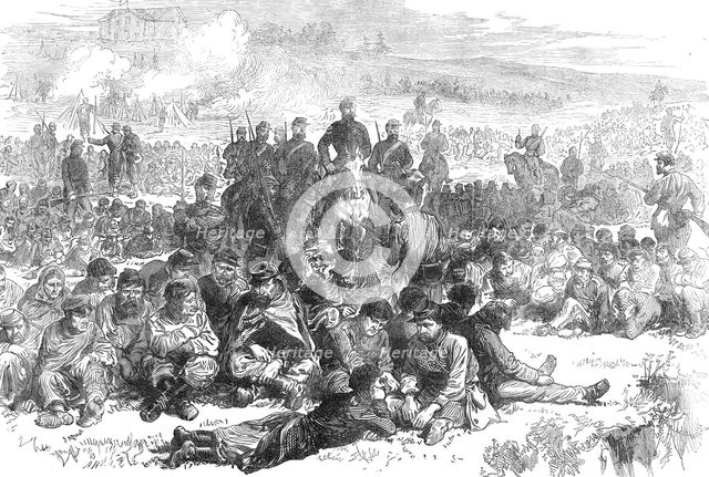 The Late Events in Paris: captive insurgents of Belleville guarded in the Parc des Buttes..., 1871. Creator: Unknown.