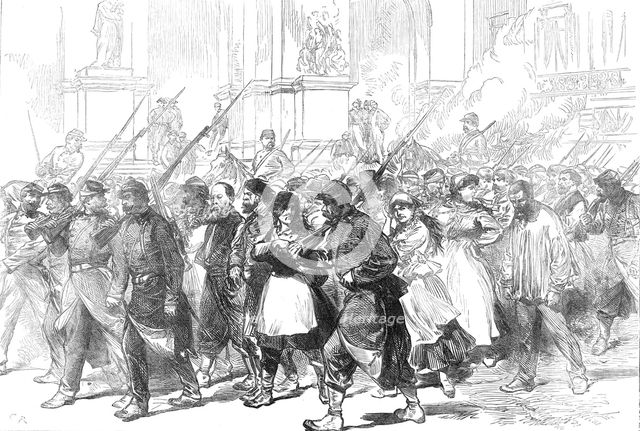 The Late Events in Paris: Communist prisoners led through the Place de l'Opéra, 1871. Creator: C. R..
