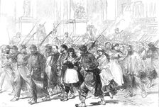 The Late Events in Paris: Communist prisoners led through the Place de l'Opéra, 1871. Creator: C. R.