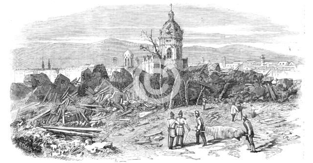 The Late Explosion at Mayence - St. Stephen's Church from the Site of the Powder Magazine, 1857. Creator: Richard Principal Leitch.