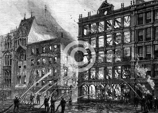 The late fire at the corner of Bread-Street, Cheapside, 1881. Creator: Unknown.