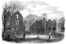 The late fire at Campden House: view of the garden front, showing the remains of the theatre, 1862. Creator: Horace Harral