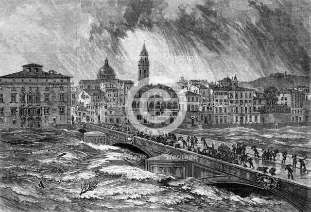 The late flood of the Arno at Florence – from a sketch by E. W. Cooke, R.A., 1864. Creator: Mason Jackson.
