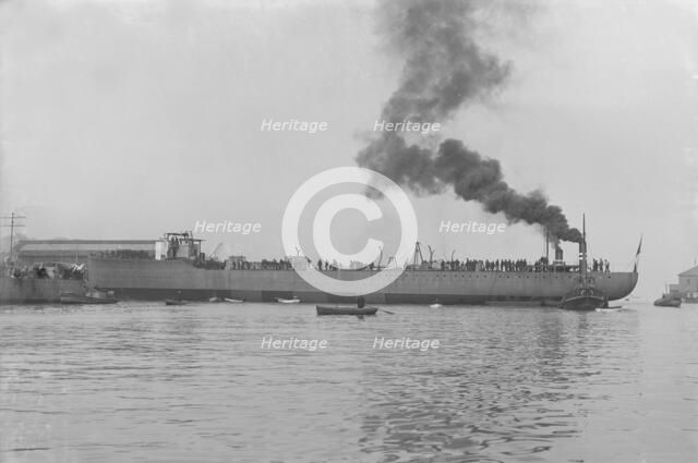 The launch of 'Almirante Simpson' at J. Samuel White shipyard, Cowes, 26th February 1914. Creator: Kirk & Sons of Cowes.