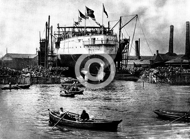 The Launch of H.M.S. "Albion": the vessel on the slip at Blackwall, 1898. Creator: London Stereoscopic & Photographic Co.