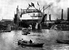 The Launch of H.M.S. "Albion": the vessel on the slip at Blackwall, 1898. Creator: London Stereoscopic & Photographic Co