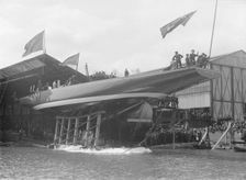 The launch of Shamrock IV at Gosport, May 1914. Creator: Kirk & Sons of Cowes