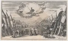The leaders of two armies conversing, their respective troops and camps on either side; ab..., 1668. Creator: Mathäus Küsel