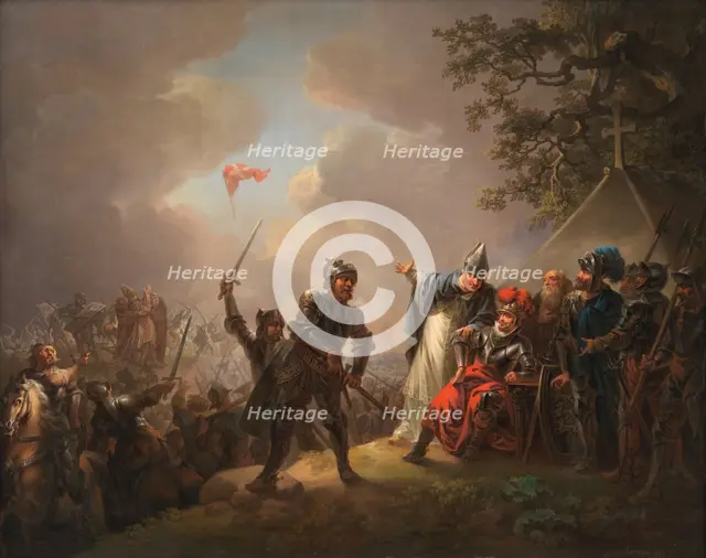 The Legend of the Danish Flag (the Dannebrog) Falling from the Heavens during the Battle..., 1809. Creator: Christian August Lorentzen.