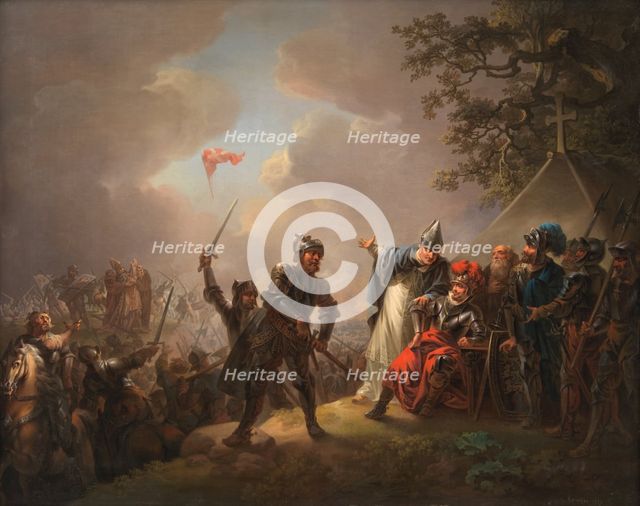 The Legend of the Danish Flag (the Dannebrog) Falling from the Heavens during the Battle..., 1809. Creator: Christian August Lorentzen.