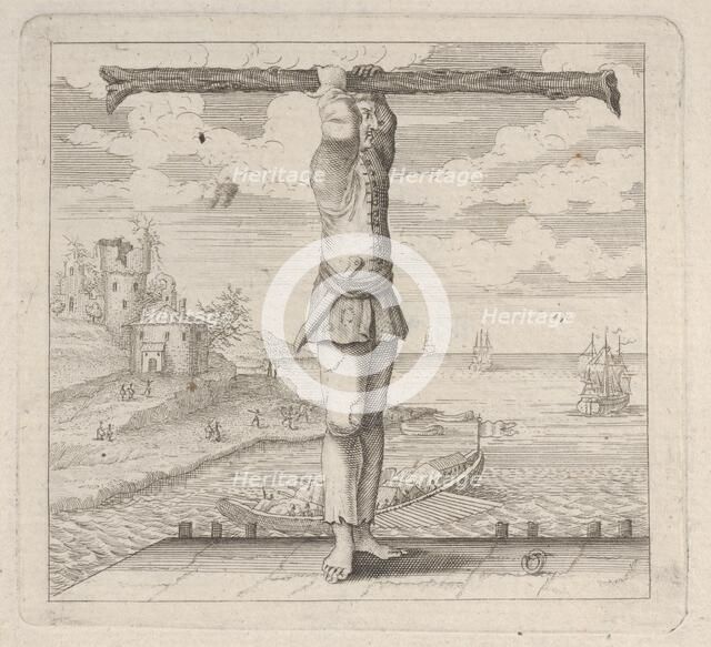 The letter T standing on a pier holding a tree trunk, 18th century., 18th century. Creator: Anon.