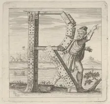 The letter R, constructed from a court pack of playing cards, stands on a riva (ri..., 18th century. Creator: Anon