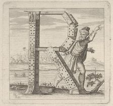 The letter R, constructed from a court pack of playing cards, stands on a riva (ri..., 18th century. Creator: Anon