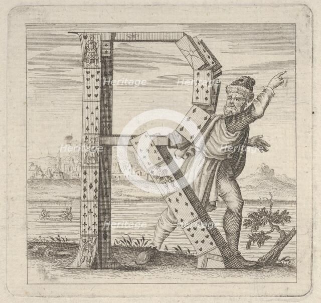 The letter R, constructed from a court pack of playing cards, stands on a riva (ri..., 18th century. Creator: Anon.
