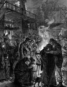 The Leycett Colliery Disaster: friends of the miners waiting at the pit mouth, 1880. Creator: Unknown