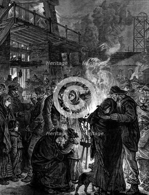 The Leycett Colliery Disaster: friends of the miners waiting at the pit mouth, 1880. Creator: Unknown.