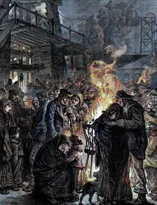 The Leycett Colliery Disaster: friends of the miners waiting at the pit mouth, 1880. Creator: Unknown