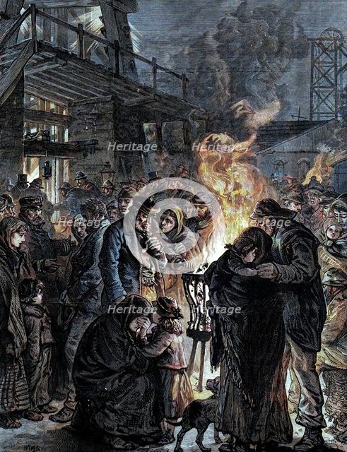 The Leycett Colliery Disaster: friends of the miners waiting at the pit mouth, 1880. Creator: Unknown.