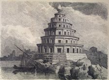 The Lighthouse of Alexandria in the port of the city, German engraving from 1886, is one of the s…