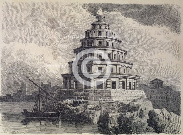 The Lighthouse of Alexandria in the port of the city, German engraving from 1886, is one of the s…