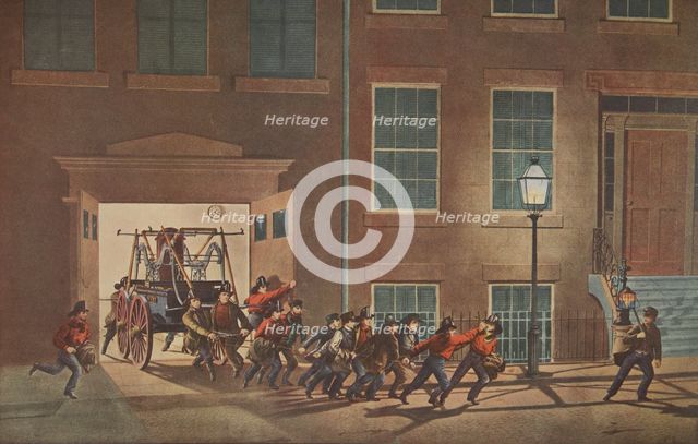 The Life of a Fireman - Night Alarm, pub. 1854, Currier & Ives (Colour Lithograph)
