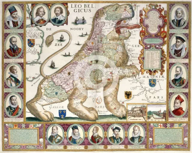 'The lion of the low countries.' Map in the shape of a lion, 1600-1750. Creator: Joannes van Deutecum.