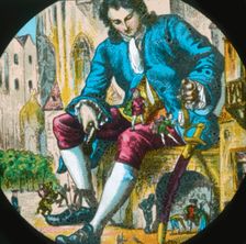 The Lilluputians climb on Gulliver, lantern slide, late 19th century. Creator: Unknown
