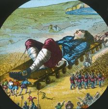 The Lilliputians convey the sleeping Gulliver to their city, lantern slide, late 19th century. Creator: Unknown