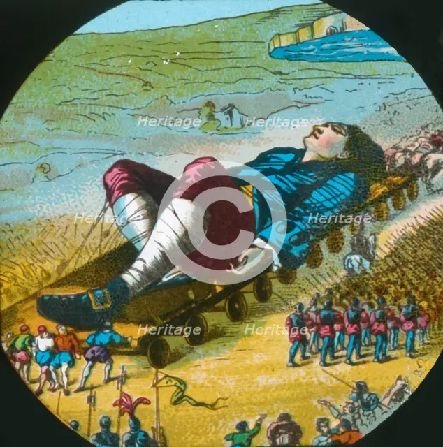 The Lilliputians convey the sleeping Gulliver to their city, lantern slide, late 19th century. Creator: Unknown.