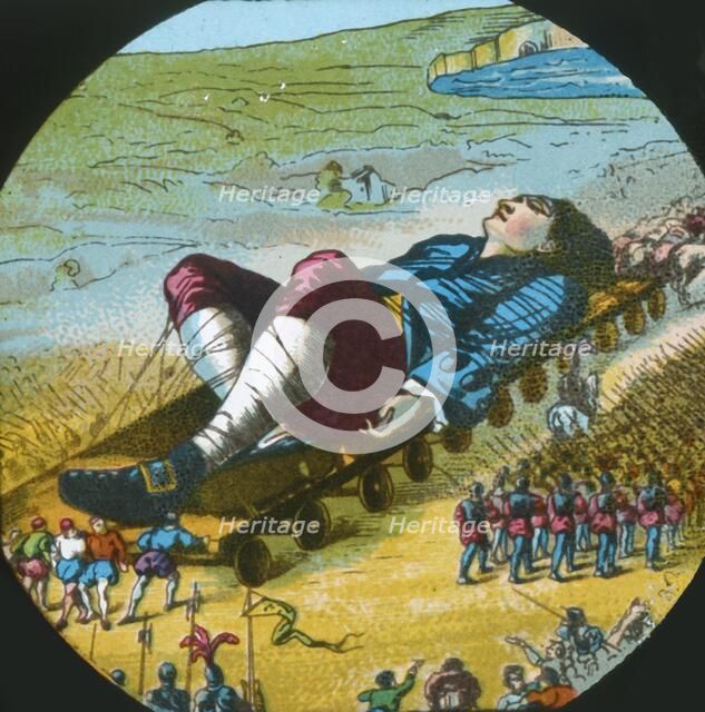 The Lilliputians convey the sleeping Gulliver to their city, lantern slide, late 19th century. Creator: Unknown.
